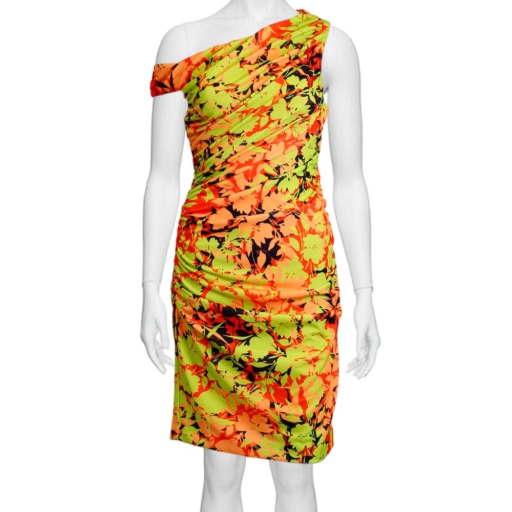 Badgley Mischka One Shoulder Dress in Orange and Green